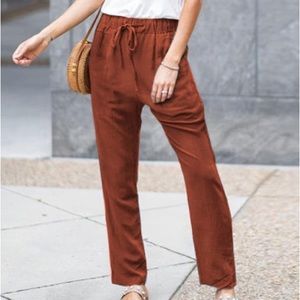 Orange Drawstring Elastic Waist Pockets Long Straight Legs Pants